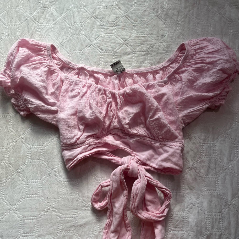 pink puffy crop top wrap back